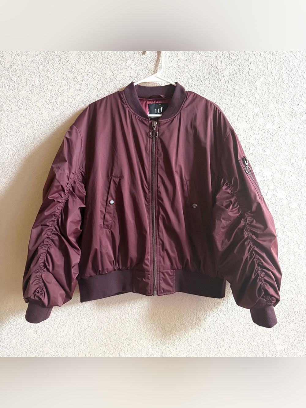 ZARA trf Collection Bomber Jacket Burgundy Women Size M Oversized Puff Sleeves